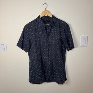 All Saints Ballou Short Sleeve Shirt Men's MD Charcoal Grey Printed Linen Blend